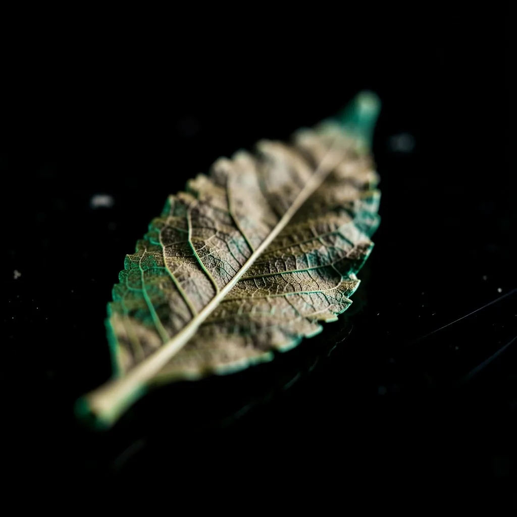 Foglia di tè essiccata in fotografia macro su superficie scura