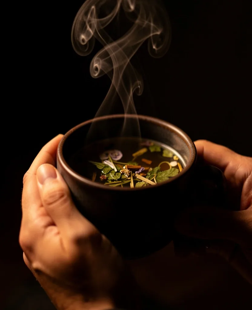 Tazza di tè tenuta tra le mani in luce calda