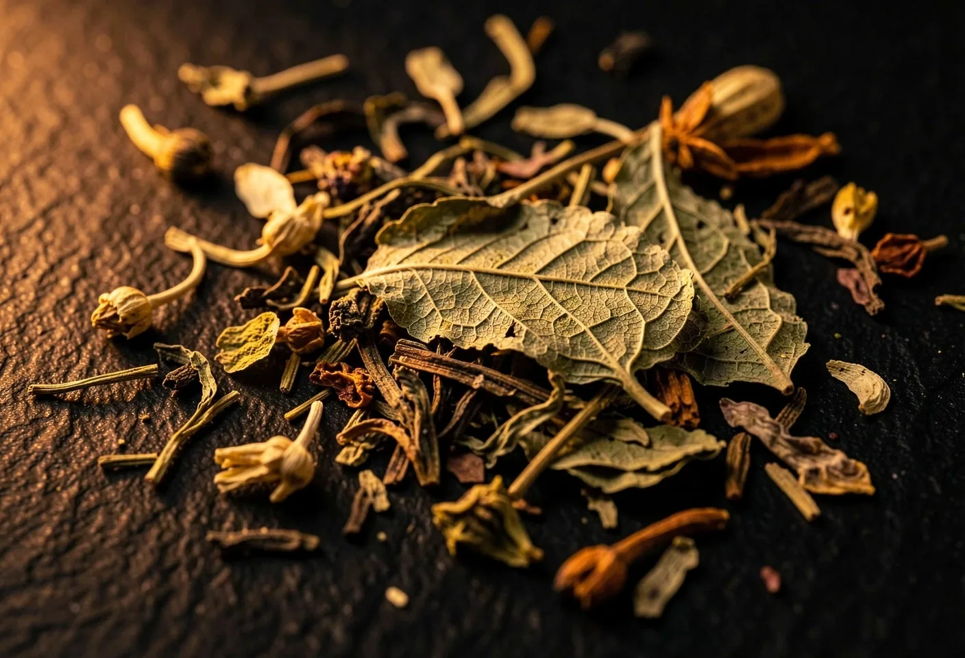 Foglie di tè e erbe botaniche in macro