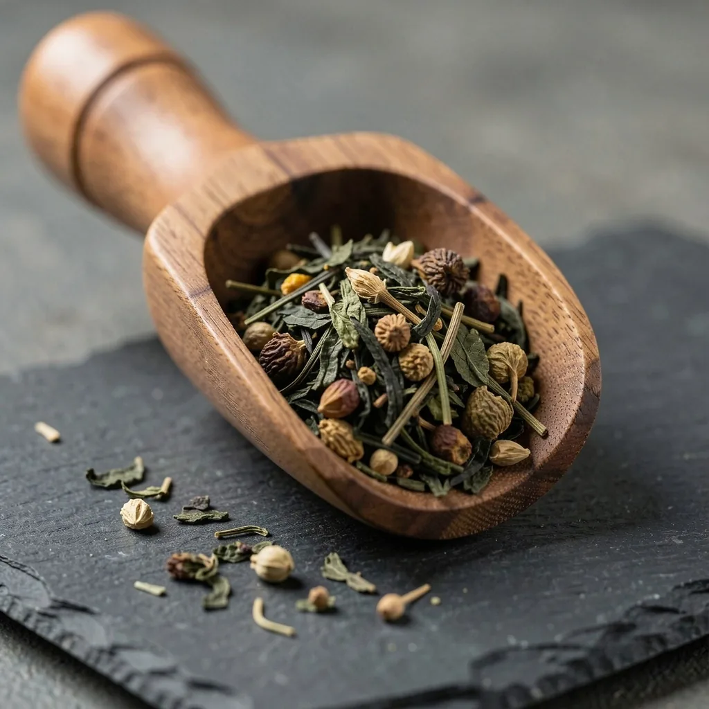 Misura di foglie di tè verde e nero con erbe botaniche