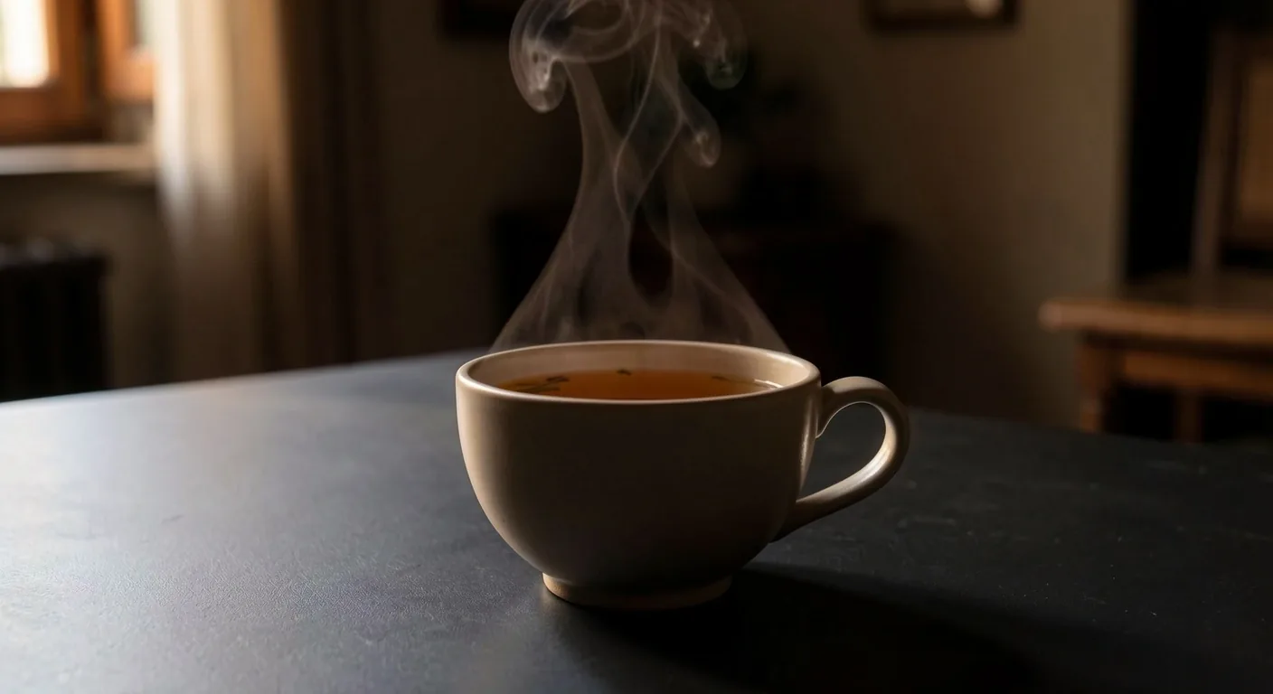 Tazza di tè con vapore su superficie scura